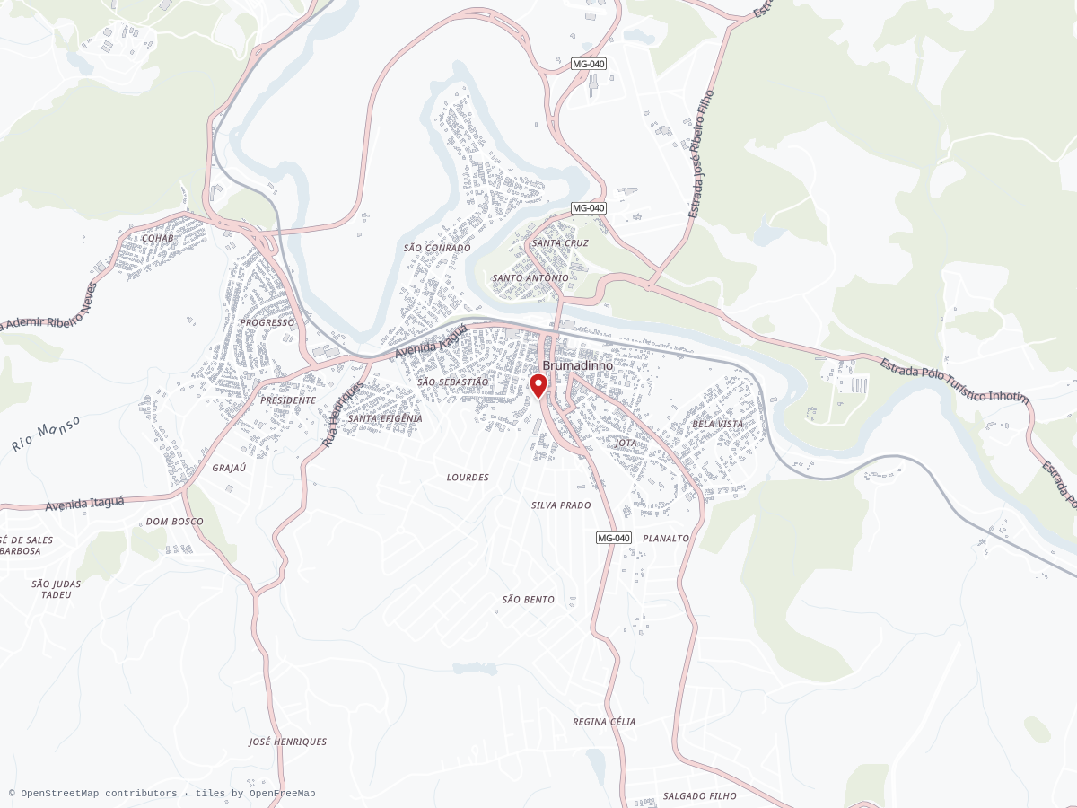 Mapa estático do centro de Brumadinho com pin vermelho na Praça Orides Parreiras